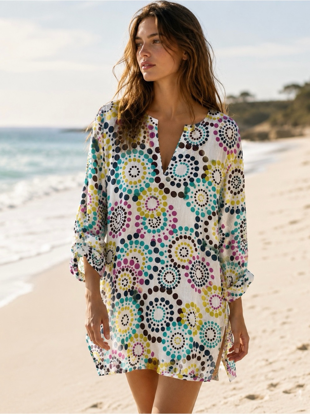 💠 Linen Dot-Print Swim Cover-Up Multicolor Tunic Size L